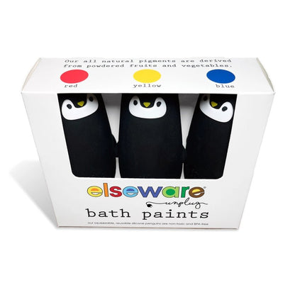 A boxed set of three Elseware Unplugged bath paints shaped like penguins, shown in its retail packaging against a white background.
