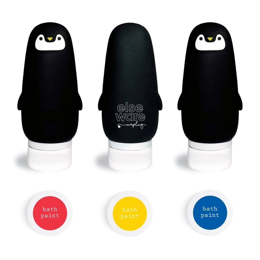 Three penguin-shaped bath paint bottles from Elseware Unplug on a white background, with circular color swatches below labeled bath paint in red, yellow, and blue.