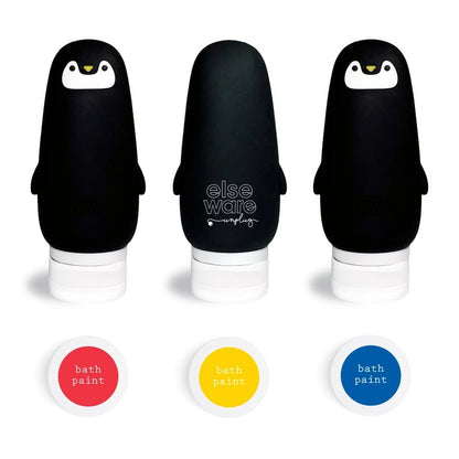 Three penguin-shaped bath paint bottles from Elseware Unplug on a white background, with circular color swatches below labeled bath paint in red, yellow, and blue.