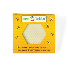 A square yellow box of eco kids beeswax honeycomb candles, featuring a hexagonal cutout window showing the white beeswax inside, with illustrations of bees and honeycomb patterns.