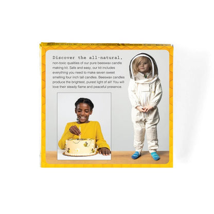 Children's candle-making kit with two children, one holding a candle and the other in a beekeeper outfit.