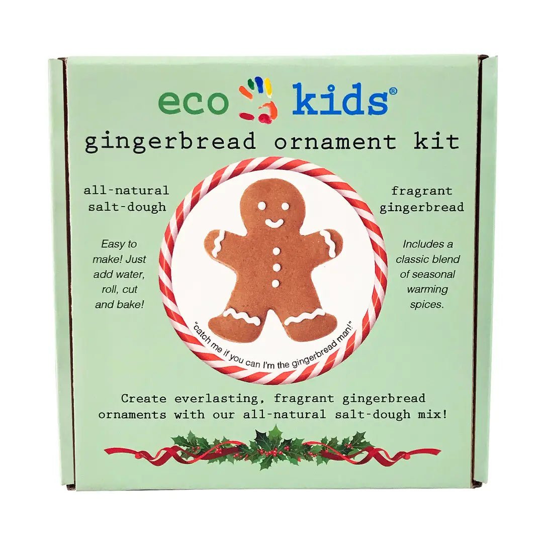 Eco Kids Gingerbread Ornament Kit box, featuring a light mint green background with a central gingerbread man illustration inside a red-and-white striped circle. The box includes product text describing all-natural salt-dough and fragrant gingerbread contents.