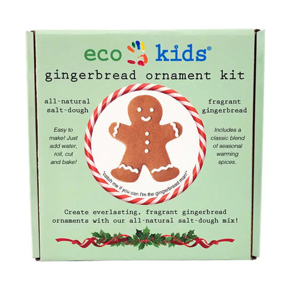 Eco Kids Gingerbread Ornament Kit box, featuring a light mint green background with a central gingerbread man illustration inside a red-and-white striped circle. The box includes product text describing all-natural salt-dough and fragrant gingerbread contents.