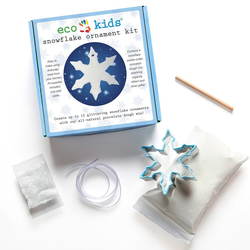 Eco-Kids ornament kit with straw, glitter, ribbon, snowflake cookie cutter on a white background