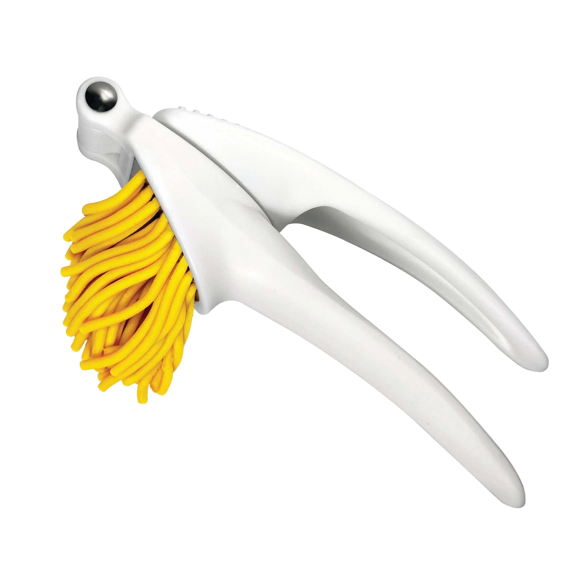 White eco-dough press with strings of yellow eco-dough on a white background