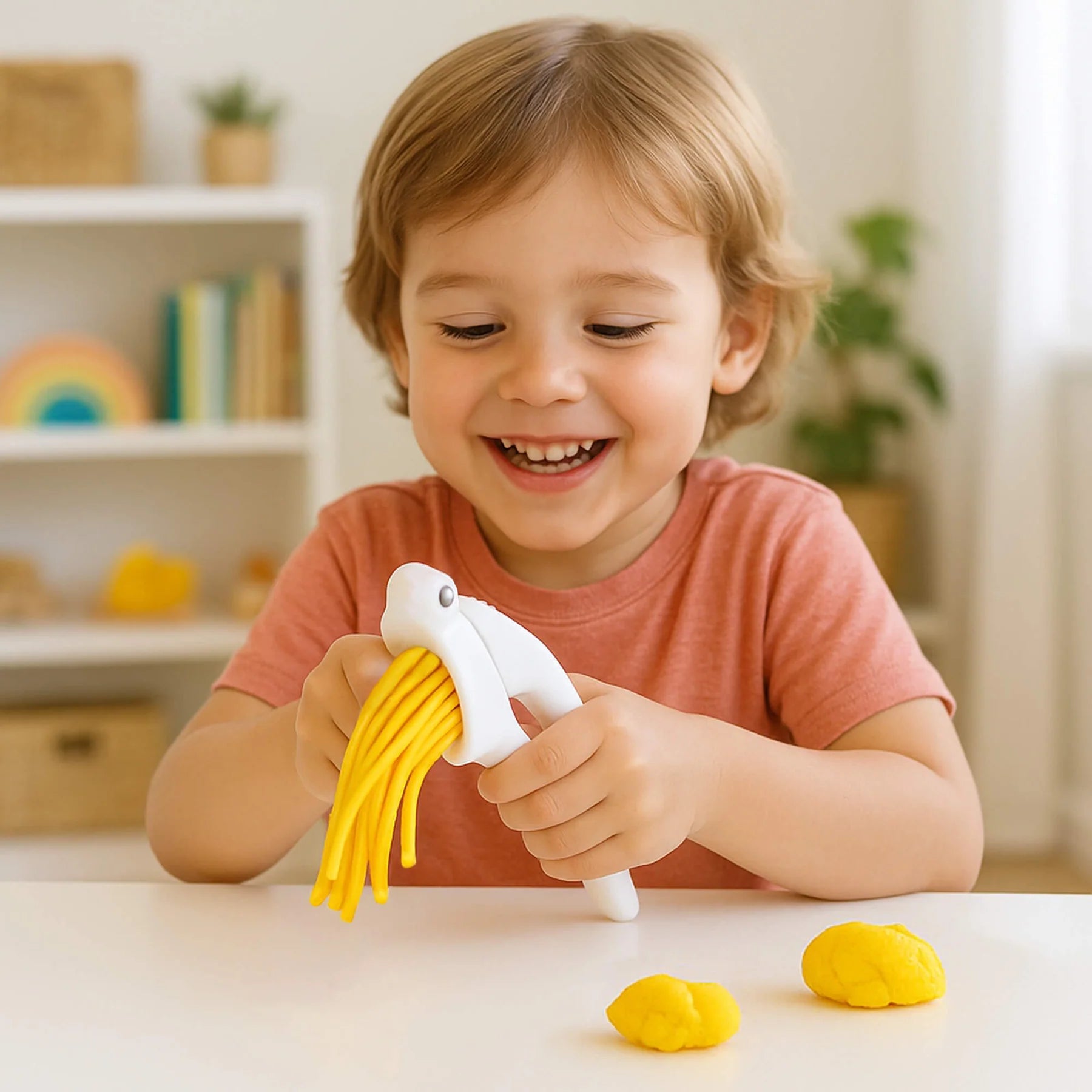 Child playing with yellow play dough and a white eco-dough press, smiling in a bright room.
