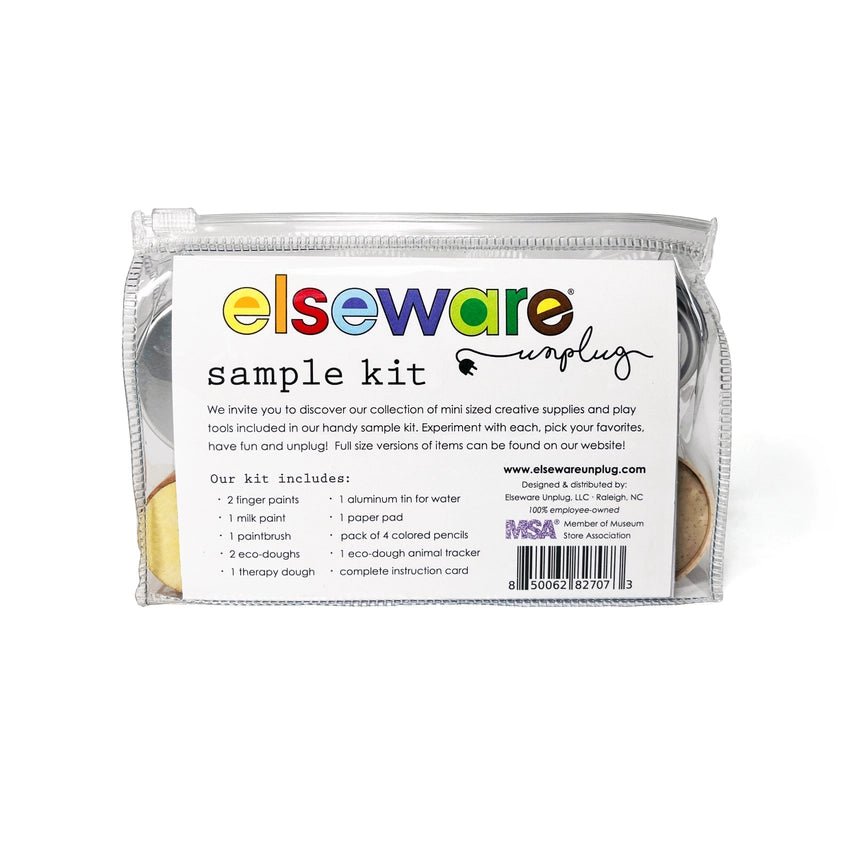 Backside of Elseware Unplug sample kit pouch describing contents on a white background