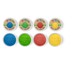 Four round Elseware Eco-Dough play-dough containers arranged in two rows on a white background. The top row shows the lids with colorful branding, and the bottom row shows the open blue, green, red, and yellow dough inside clear plastic tubs.