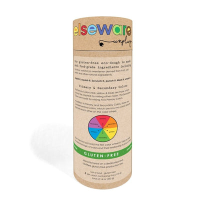 Kraft paper tube packaging for gluten free eco-dough with colorful text and a color wheel on a white background