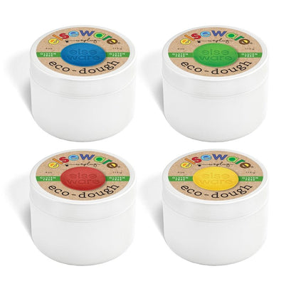 Four containers of gluten free eco-dough with colorful labels on a white background