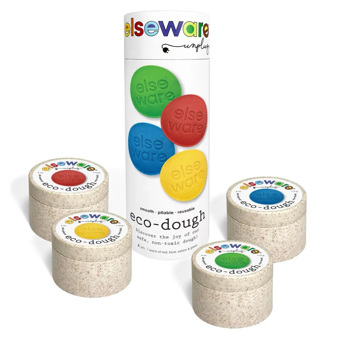 Set of eco-dough containers with colorful labels and a tube labeled 'elseware' on a white background.