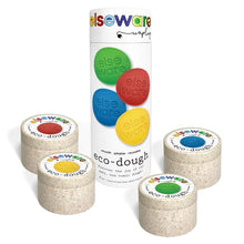 Set of eco-dough containers with colorful labels and a tube labeled 'elseware' on a white background.