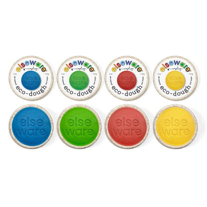 Set of 4 colorful eco-dough containers with 'else ware' branding on a white background.