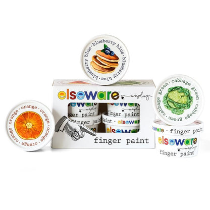 Elseware Unplug packaging with 4 containers of finger paint in different colors on a white background