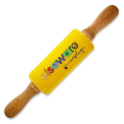 Yellow silicone rolling pin with wooden handles on a white background