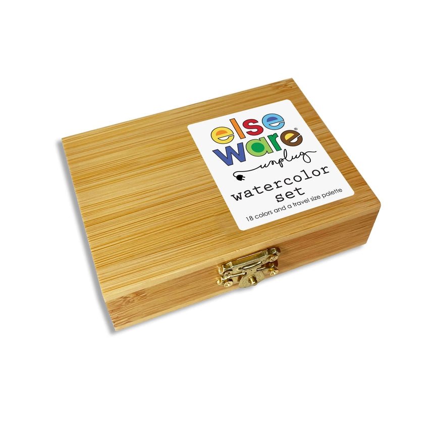 Bamboo wooden box with a metal clasp and Elseware Unplug branding on a white background
