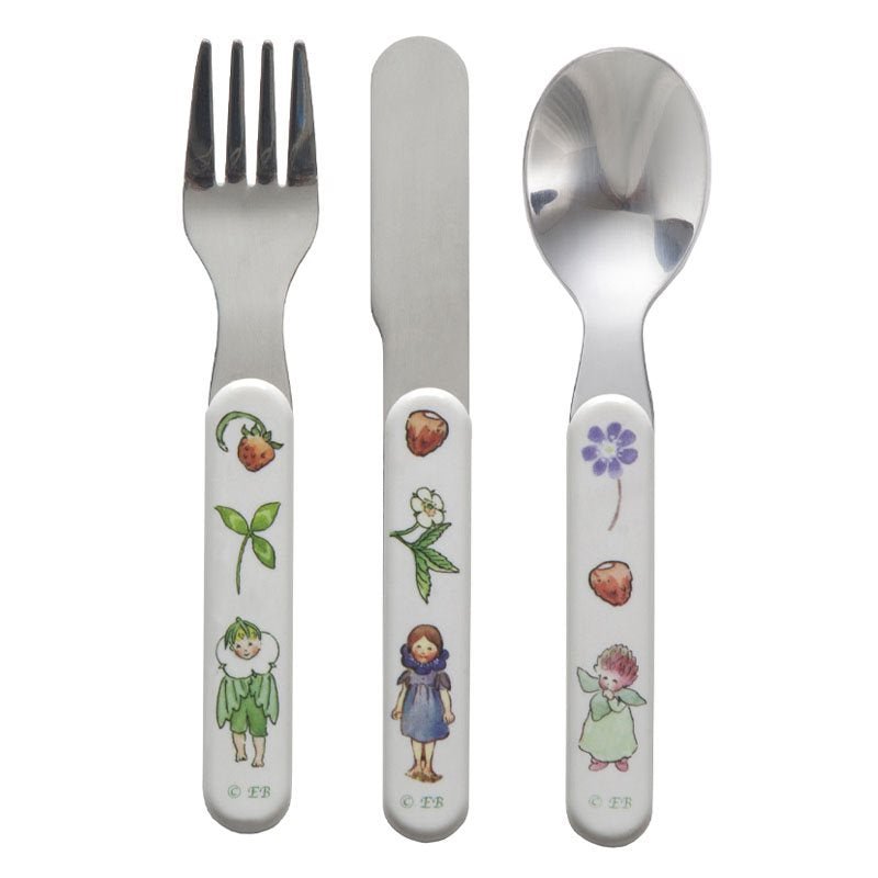 Children's cutlery set with illustrations from Elsa Beskow's Flower Festivcal on handles on a white background