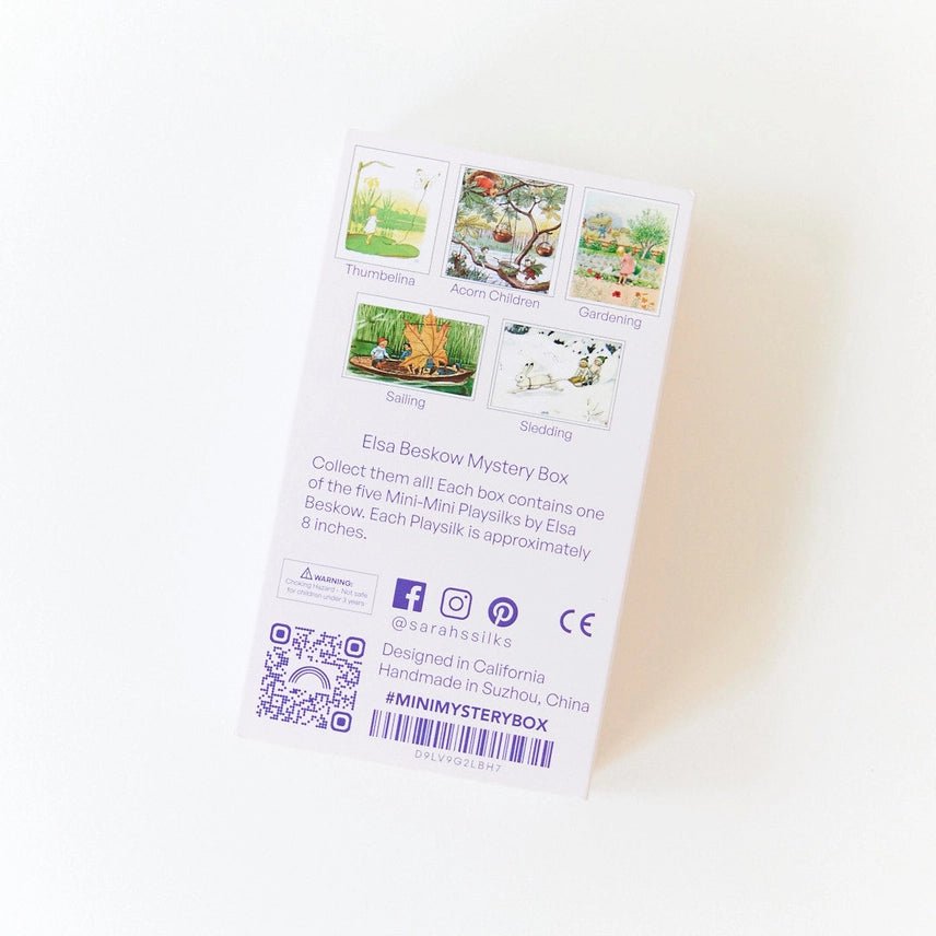 The back of a white Elsa Beskow Mystery Box card package, showing five small illustrated card previews on a white background.