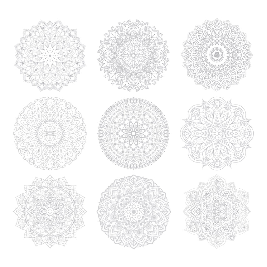 Set of nine white mandala designs on a white background