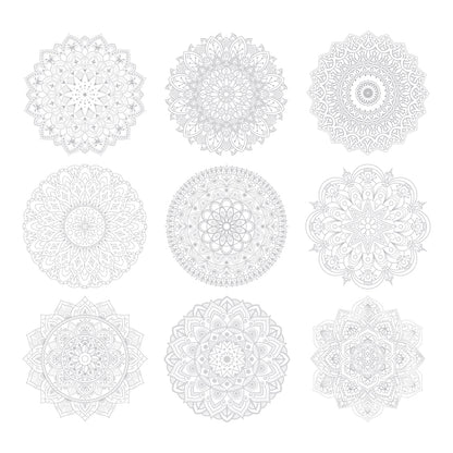 Set of nine white mandala designs on a white background