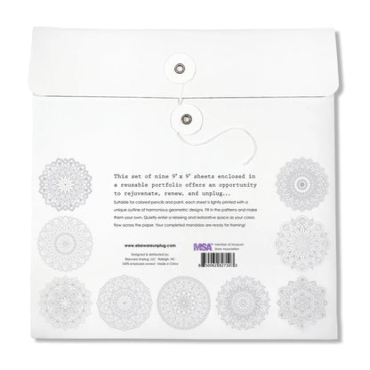 White paper pack with geometric designs and text on a white background