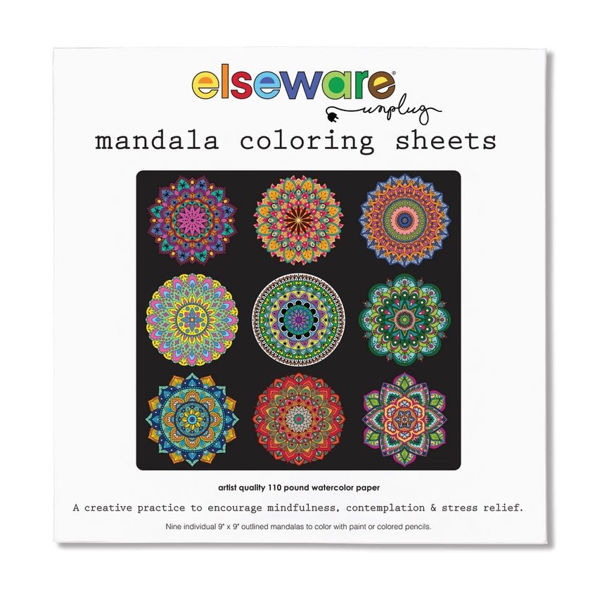 Packaging of mandala coloring sheets by elseware, featuring colorful mandalas on a black background.