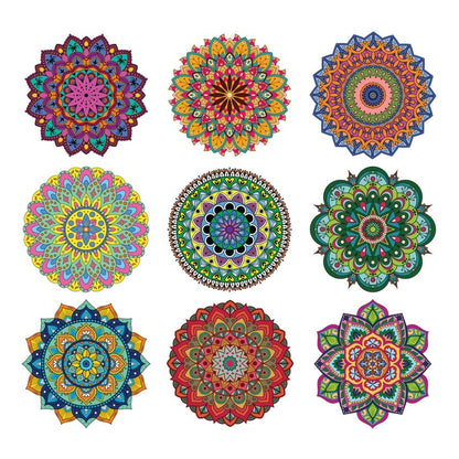 Nine colorful mandala designs on a white background