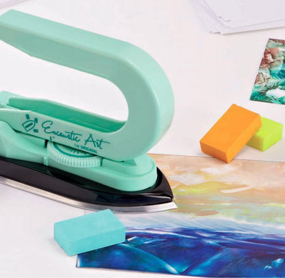 Mint green Encaustic Art painting iron with pigmented wax blocks on a landscape 