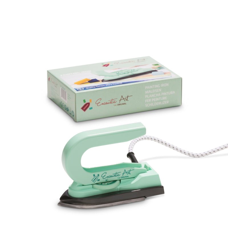 Mint green Encaustic Art painting iron with product box on a white background