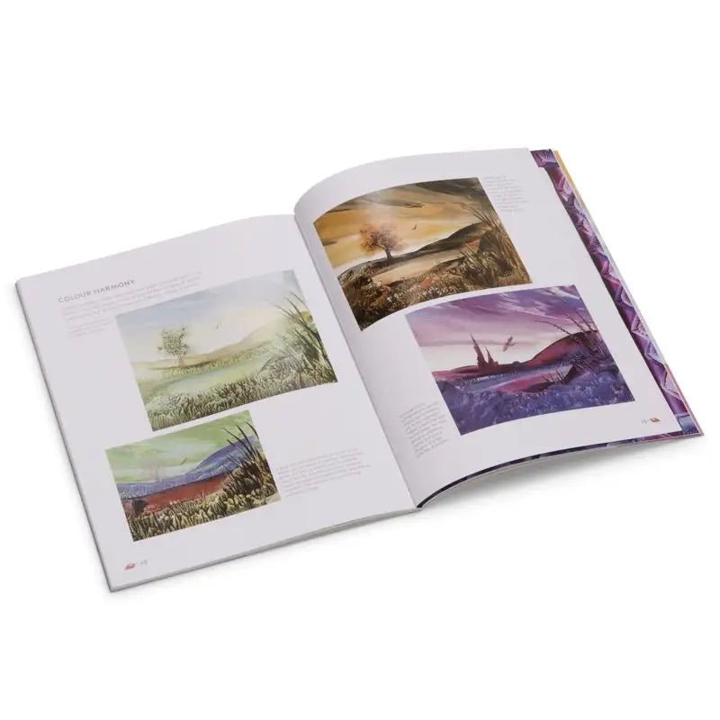 An open art book displayed on a clean white background, showing two spread pages with landscape paintings and descriptive text.