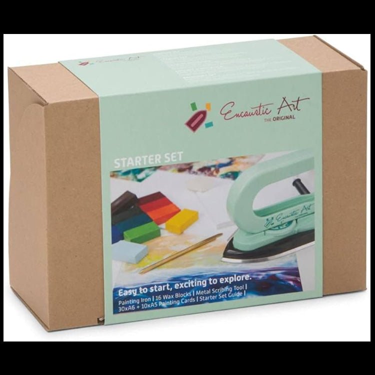 Encaustic Art starter set packaging with a green paint iron on a white background