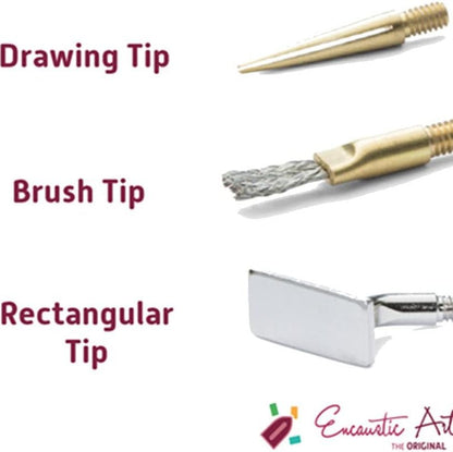 Three types of Encaustic Art tips labeled 'Drawing Tip', 'Brush Tip', and 'Rectangular Tip' on a white background.