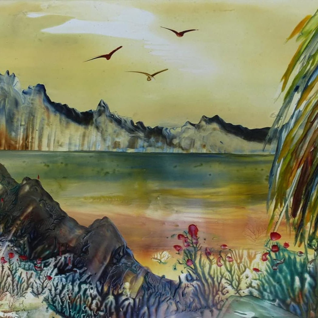 Painting of a mountain landscape with birds and flowers, made using Encaustic Art Stylus Pro