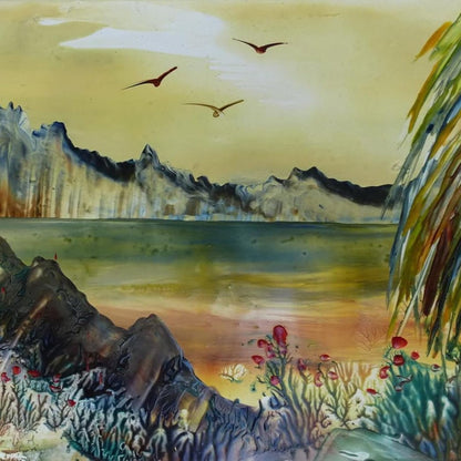Painting of a mountain landscape with birds and flowers, made using Encaustic Art Stylus Pro
