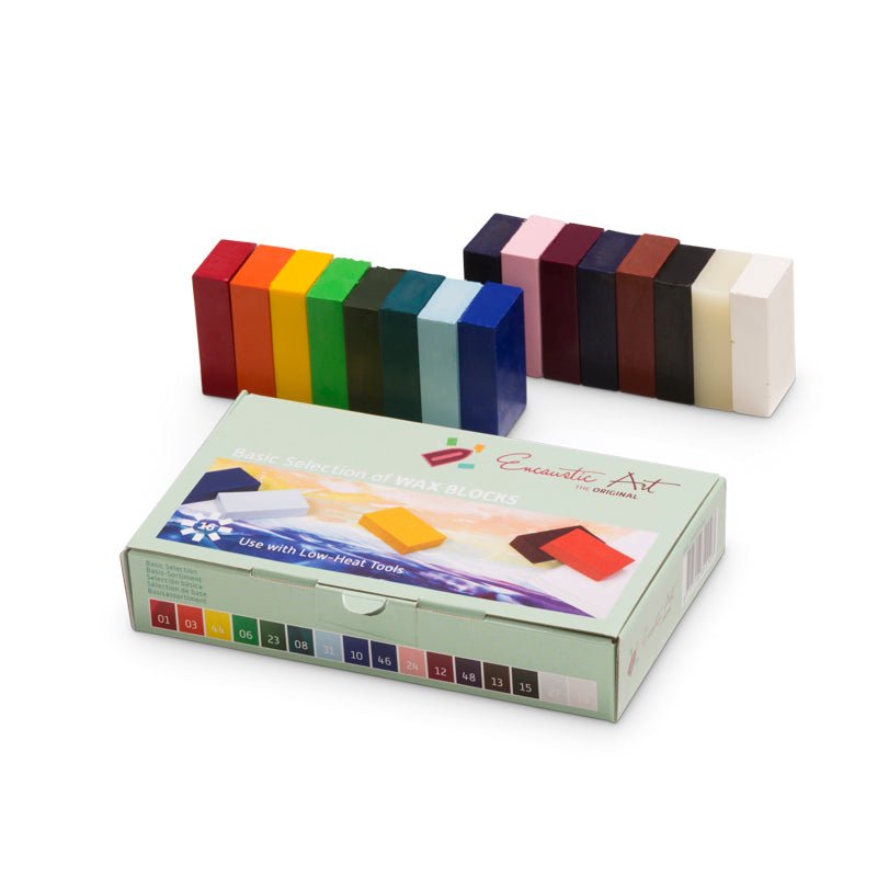 Basic Set of colorful wax blocks with a box labeled 'Encaustic Art' on a white background