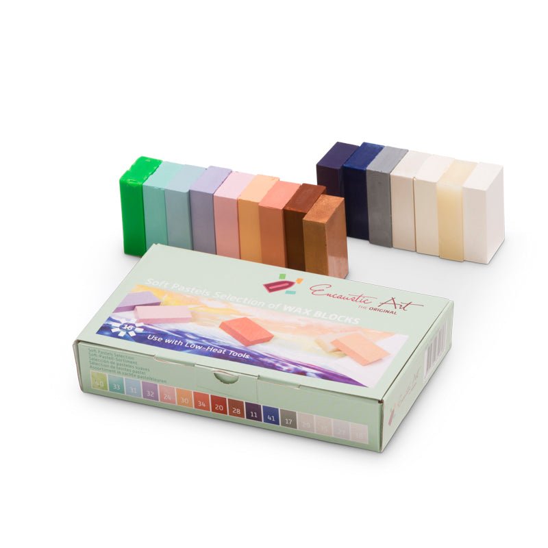 Soft Pastel Set of colorful wax blocks with a box labeled 'Encaustic Art' on a white background