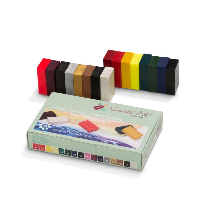 Fantasia Set of colorful wax blocks with a box labeled 'Encaustic Art' on a white background