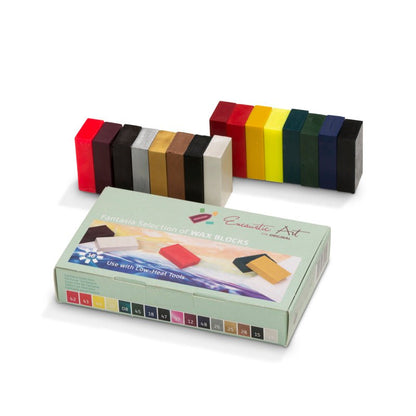 Fantasia Set of colorful wax blocks with a box labeled 'Encaustic Art' on a white background