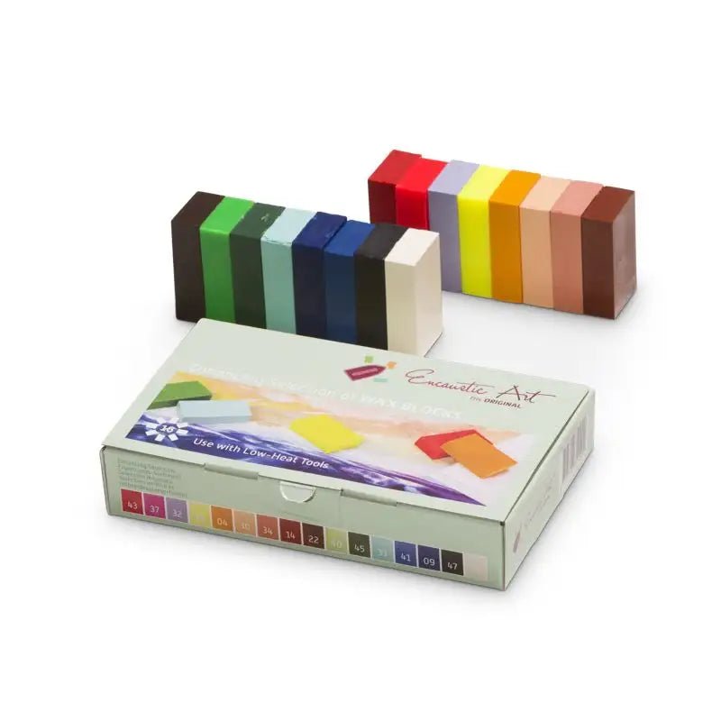 Enhancing Set of colorful wax blocks with a box labeled 'Encaustic Art' on a white background