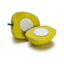 Two halves of a wooden apple on a white background