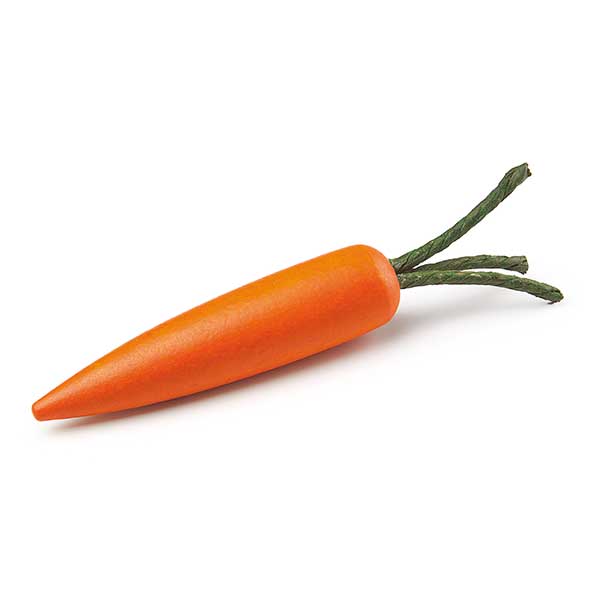 Wooden orange carrot with green stem on a white background