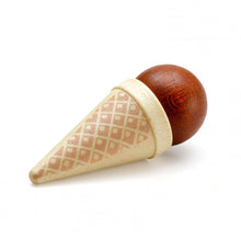 Wooden ice cream cone with scoop of brown ice cream on a white background