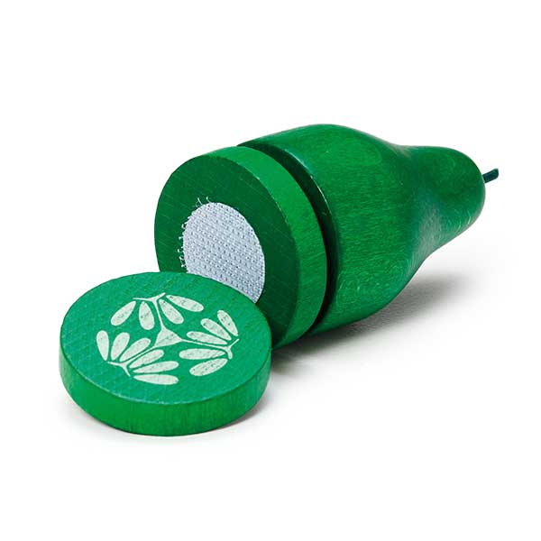 Wooden cucumber with velcro slices on a white background