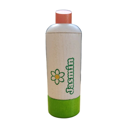 Wooden play spray bottle labeled Jasmin on a white background