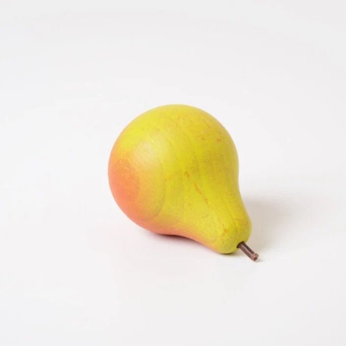 Wooden green and red pear on a white background
