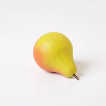 Wooden green and red pear on a white background