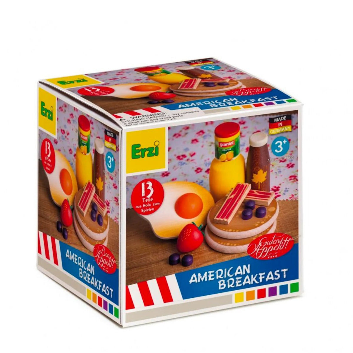 Erzi American Breakfast toy play food set in a cardboard box, featuring illustrated breakfast items like pancakes, eggs, bacon, fruit, and milk on a white background.