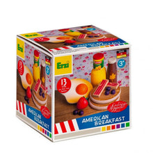 Erzi American Breakfast toy play food set in a cardboard box, featuring illustrated breakfast items like pancakes, eggs, bacon, fruit, and milk on a white background.