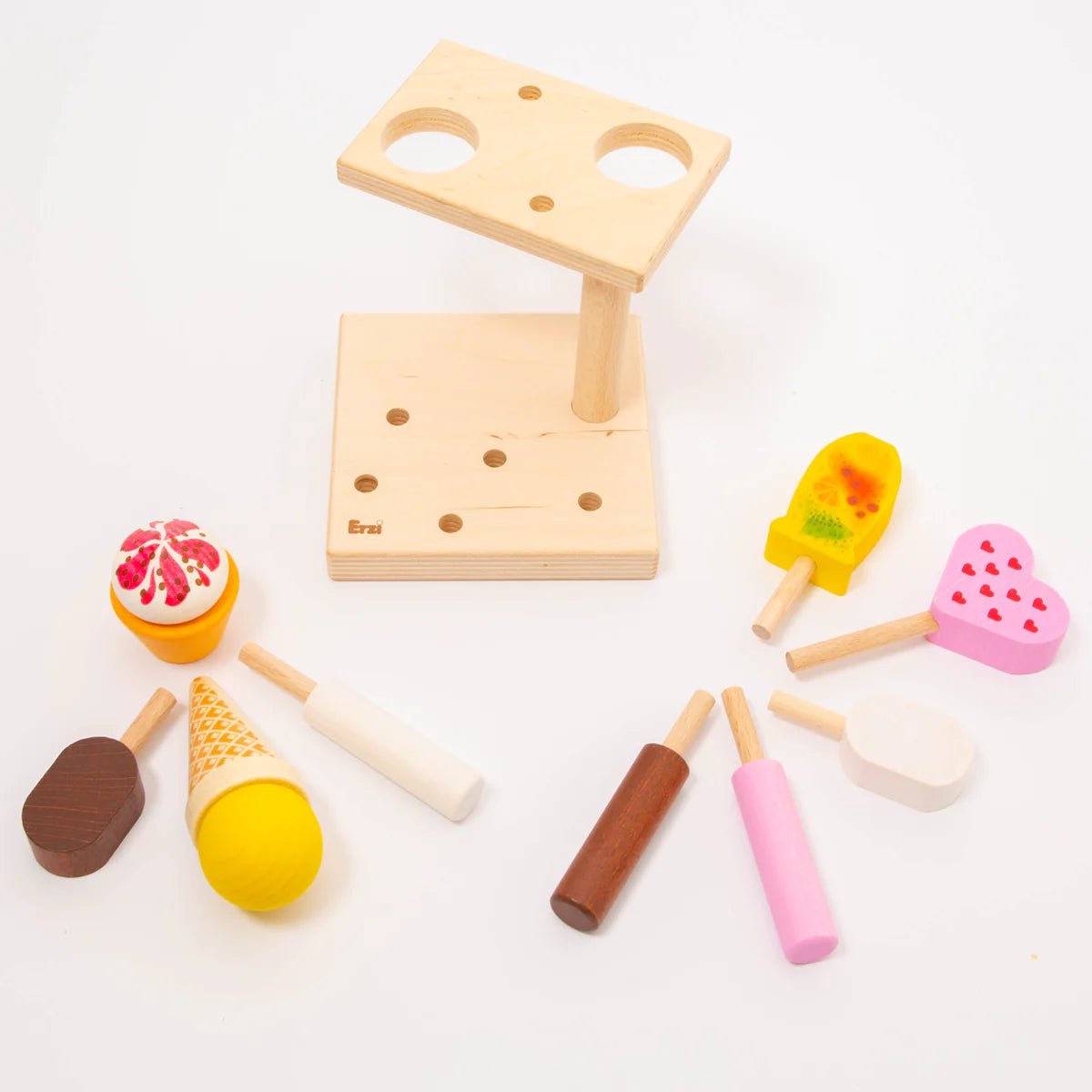 Empty Ice Cream Stand and 9 assorted ice cream treats laid out in front