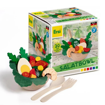 Erzi branded Salad Bowl Set box next to wooden salad components on a white background